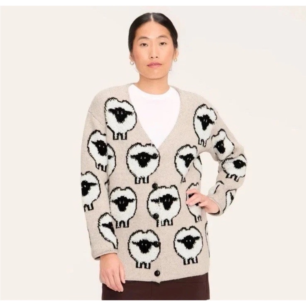 Woolrich Target Sheep Print Relaxed Cardigan Taupe Size XS